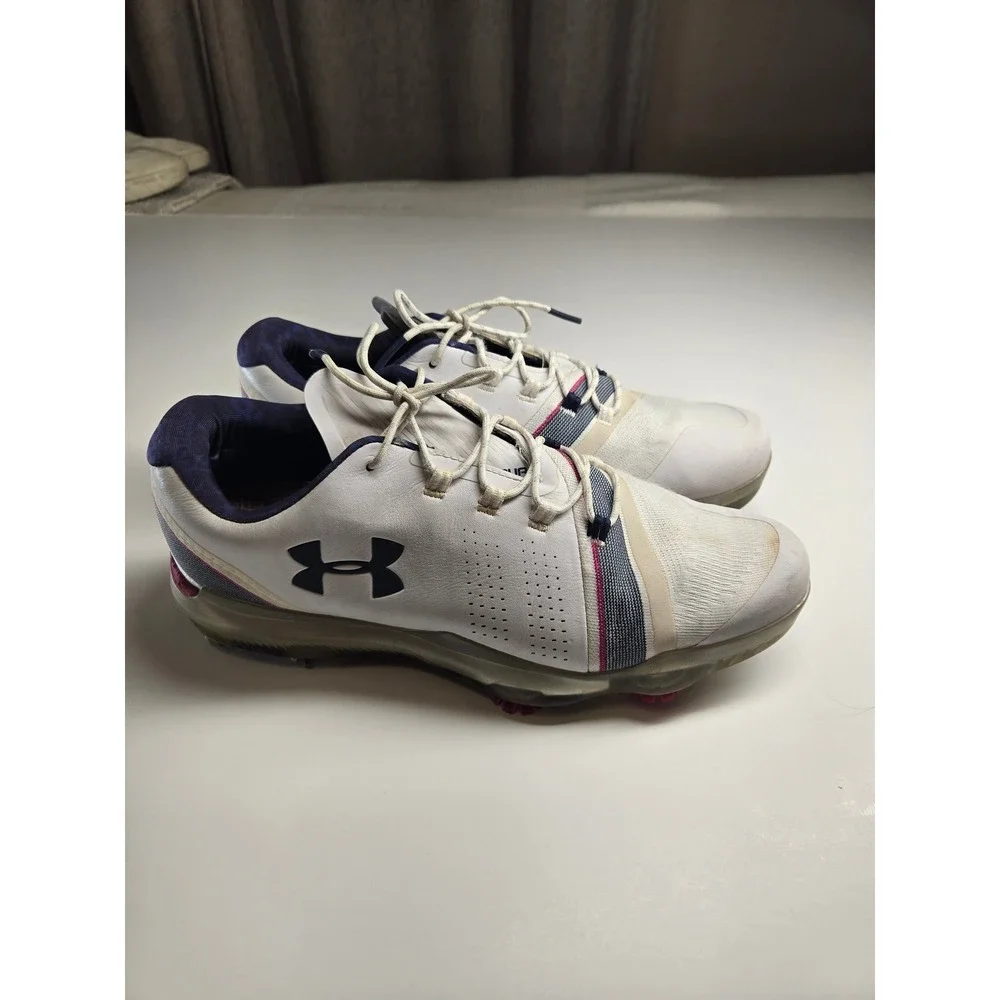 Under Armour Spieth 3 Golf Shoes Mens 10 White Navy Spiked Athletic 3022360-104